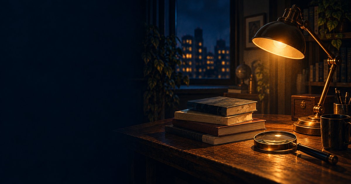 深夜の机に置かれた読書灯と文庫本と虫眼鏡