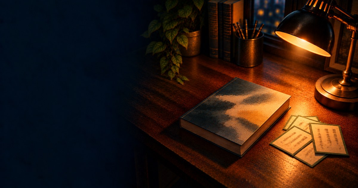 深夜の机に置かれた読書灯と単行本と畳まれた布巾