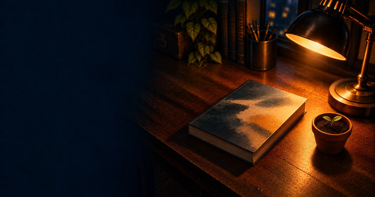 深夜の机に置かれた読書灯と単行本と芽を出したばかりの小さな鉢