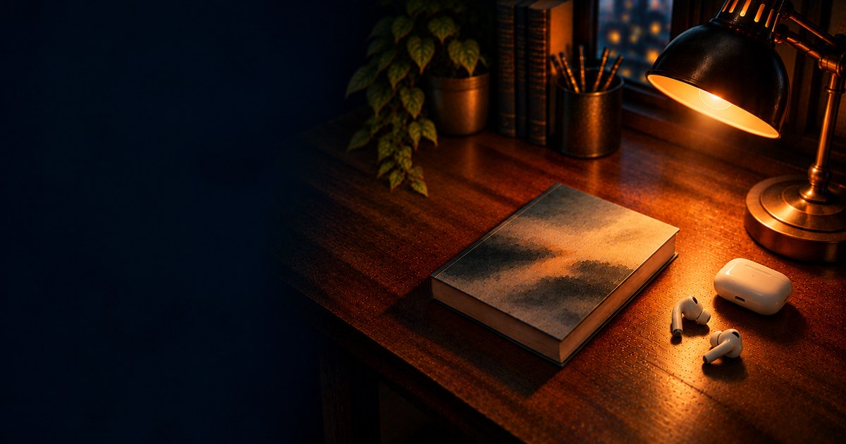 深夜の机に置かれた読書灯と本とイヤホン