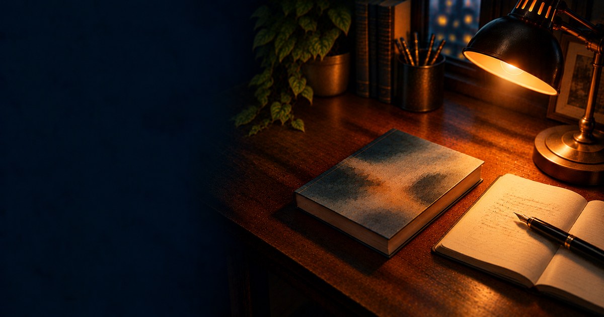 深夜の机に置かれた読書灯と単行本と開いたノートと万年筆