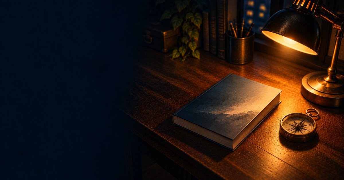 深夜の机に置かれた読書灯と単行本と小さなコンパス