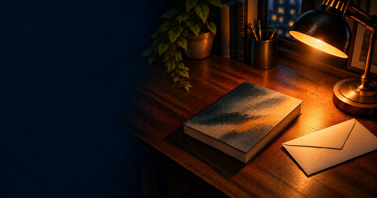 深夜の机に置かれた読書灯と単行本と封をした白い封筒