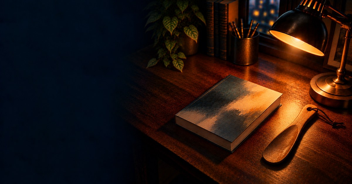 深夜の机に置かれた読書灯と本と使い込まれた木の靴べら
