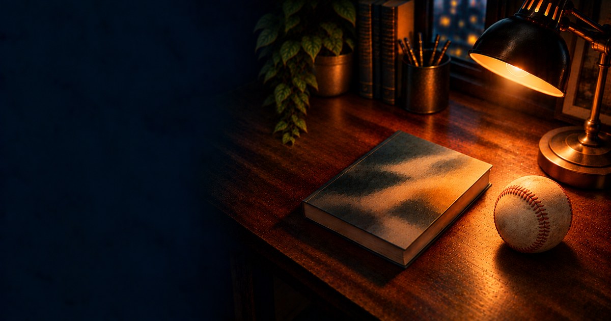 深夜の机に置かれた読書灯と単行本と使い込まれた野球のボール