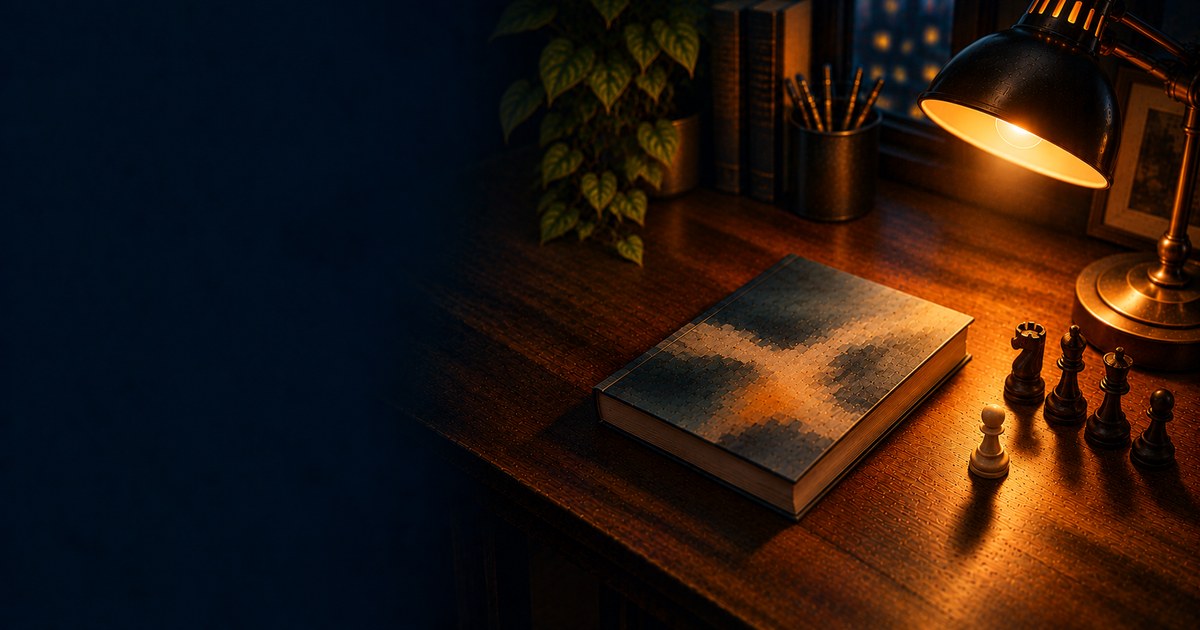 深夜の机に置かれた読書灯と単行本と一歩前に出たチェスのポーン